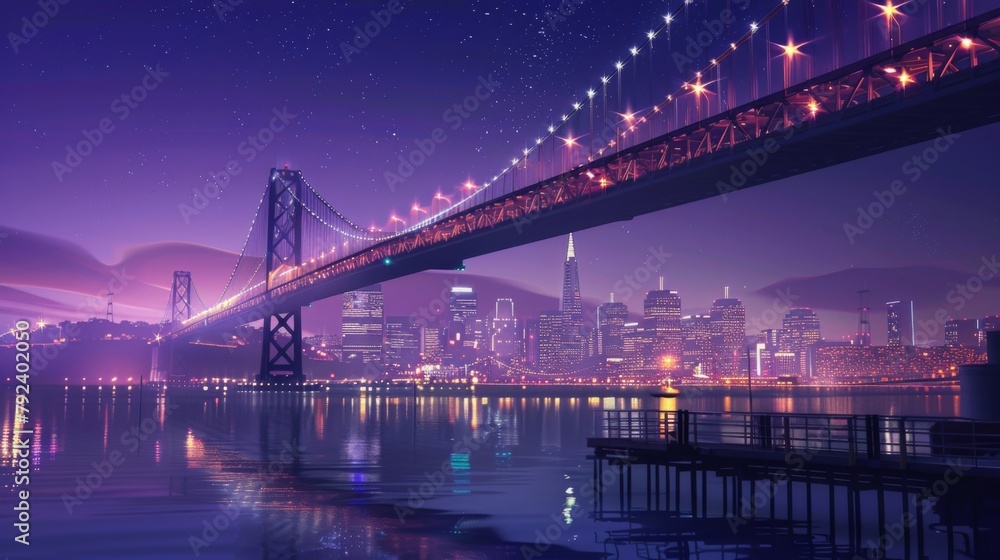 Poster City skyline punctuated by the elegant silhouette of a bridge illuminated by a spectacular array of lights.