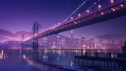 City skyline punctuated by the elegant silhouette of a bridge illuminated by a spectacular array of lights.