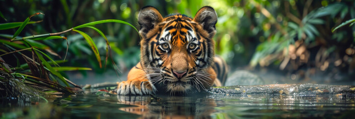 Majestic Tiger Lying in Jungle Water, Gazing Intently