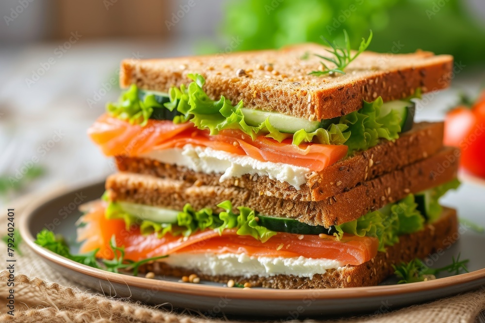 Sticker plate with black bread sandwich salted salmon cream cheese tomato and cucumber