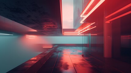 The image is a 3D rendering of a futuristic tunnel. The tunnel is made of glass and metal, and it is lit by red and blue neon lights. - Powered by Adobe
