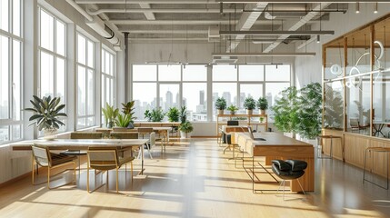 Expansive Workspace Illuminated Co-working Hub with Urban Panorama