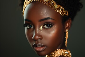 Portrait of a stunning African woman adorned in gold jewelry