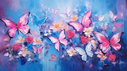 bright colorful flowers in pink and blue tones and butterfly wth gold tint