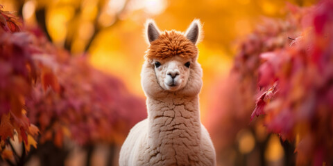 Fototapeta premium A white llama with a red hat stands in a field of red leaves