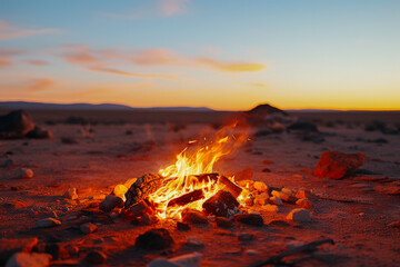A fire is burning in the desert at sunset