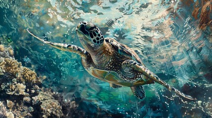 Close-up of a sea turtle gracefully gliding through crystal-clear waters among coral formations
