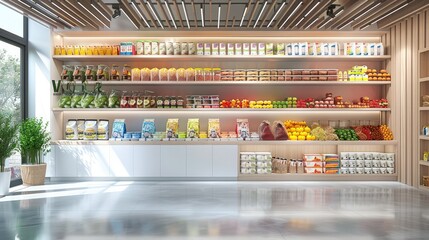 Front view, unmanned retail store, shelves filled with a variety of food,, snacks, drinks, bags categorized and placed, modern minimalist decoration style. Generative AI.
