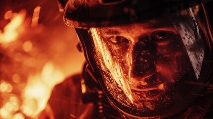 The intense glow of a burning building casts eerie shadows on the determined face of a firefighter their protective gear and equipment a stark contrast to the chaos and destruction .