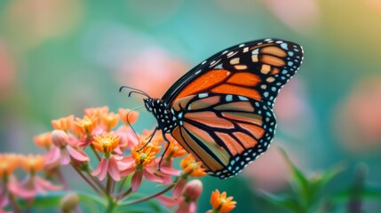 Fototapeta premium Close-up of a stunning monarch butterfly perched gracefully on a blooming flower, its intricate patterns on full display.