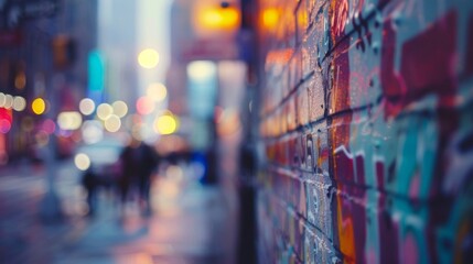 Defocused shot of a bustling city street with a playfully chaotic mix of vibrant storefronts graffiticovered walls and flickering street signs. .