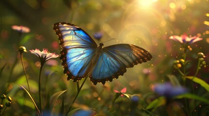 Close-up of a stunning blue morpho butterfly in flight, its iridescent wings shimmering in the sunlight as it flits among flowers. - obrazy, fototapety, plakaty