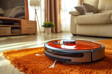 Robot vacuum cleaner cleaning living room carpet up close