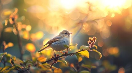 As the sun rises over the horizon colorful birds begin their morning chorus inviting you to start your day in a relaxed and tranquil atmosphere. 2d flat cartoon. - obrazy, fototapety, plakaty