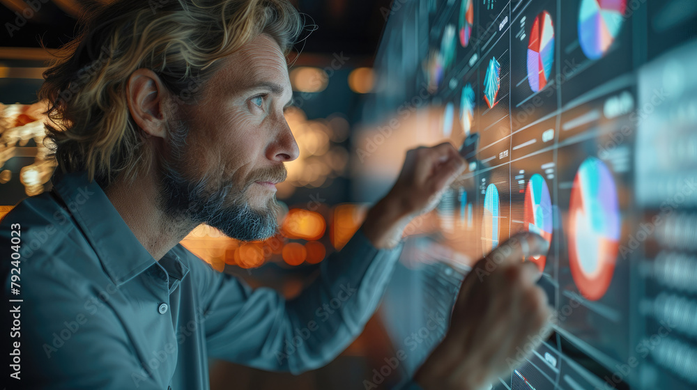 Poster Digital marketing man strategist in modern agency. The strategist is engaged with an interactive wall display showing consumer trends and digital campaign metrics. Generative AI.