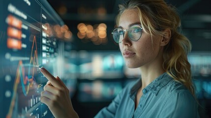 Digital marketing woman strategist in modern agency. The strategist is engaged with an interactive wall display showing consumer trends and digital campaign metrics. Generative AI.