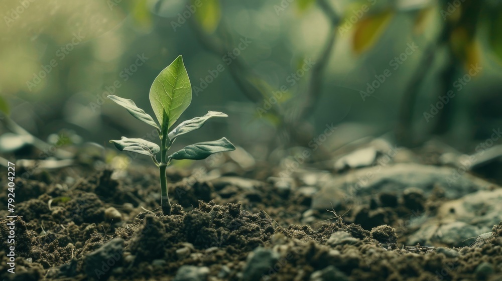 Poster close-up of a tree sapling emerging from the soil, a symbol of hope and renewal for the planet.