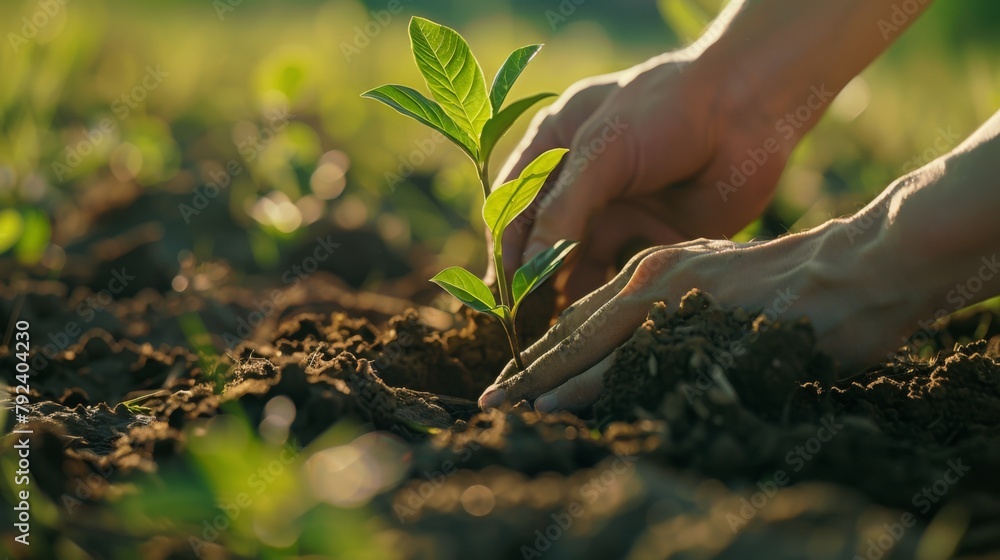 Poster Close-up of a tree sapling being gently placed into the ground, a hopeful gesture for a greener future.