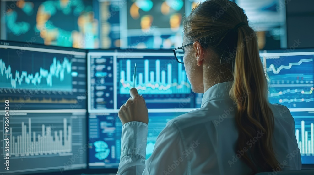Poster Digital marketing professionals working with modern technology like computers and digital displays showing graphs and data analytics. Generative AI.