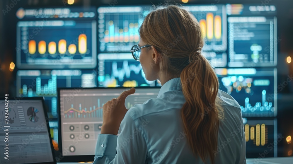 Fototapete Digital marketing professional woman working with modern technology like computers and digital displays showing graphs and data analytics. Generative AI.