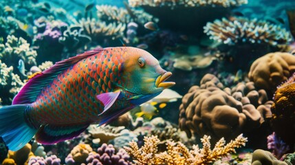 Fototapeta premium Close-up of a vibrant parrotfish grazing on coral polyps, contributing to reef health