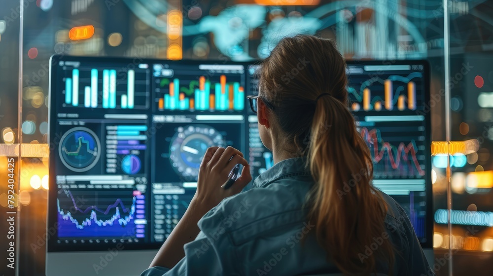 Fototapete Digital marketing professional woman working with modern technology like computers and digital displays showing graphs and data analytics. Generative AI.