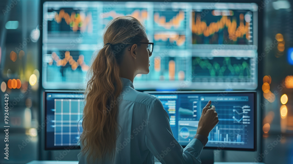 Fototapete Digital marketing professional woman working with modern technology like computers and digital displays showing graphs and data analytics. Generative AI.