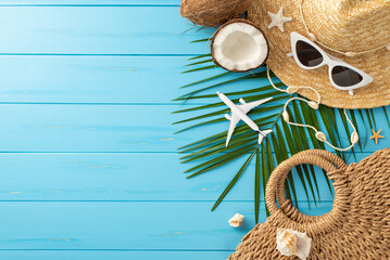 A vibrant summer holiday setup featuring a straw hat, sunglasses, coconut, palm leaf, beach bag,...