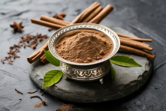 Sandalwood paste in silver bowl with sticks and leaves over circular stone base for paste preparation in Ayurvedic tradition