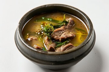 Sea mustard soup with beef on ceramic bowl in South Korean setting