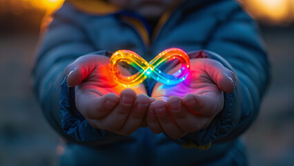 Infinite Potential: Boy Holding Autism Infinity Rainbow Symbol for World Autism Awareness Day