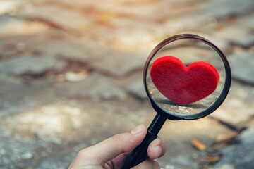 Searching for red heart through magnifying glass symbolizing true love