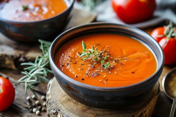 Selective focus copy space for creamy tomato soup