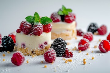 Selective focus image of Swiss roll with raspberry and blackberry on light background