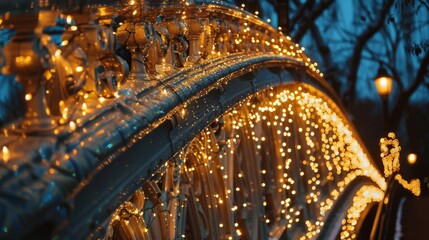 Close-up of an intricately designed bridge decorated with sparkling fairy lights, creating a magical ambiance.