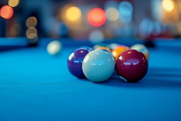 Selective focus on blue billiard balls in a pool table