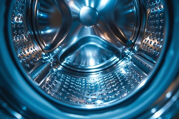 Selective focus on the shiny inside of a clean washing machine drum - obrazy, fototapety, plakaty