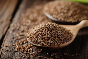 Selective focus on wooden background with spoon holding celery seeds - obrazy, fototapety, plakaty