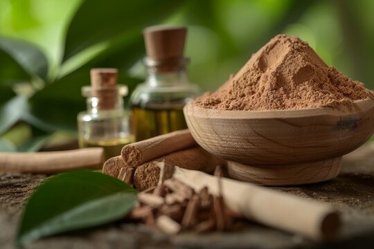 Selective focus with small bottle of perfume or oil green leaves and sandalwood powder or sticks in traditional mortar
