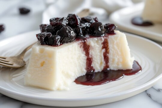Serve coconut blancmange with prune syrup on a white plate