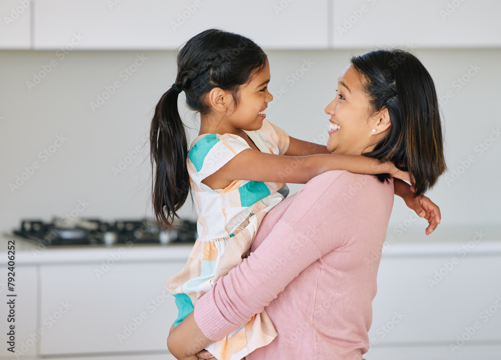 Poster Asian mom, girl and happy with bonding in kitchen for support, love and growth or child development. Parent, kid and smile at home as family, childhood memories and fun together with care and trust