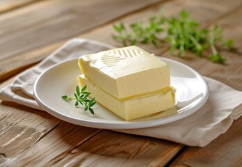 Slice butter placed in white ceramic dish on wooden backdrop