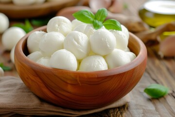Small mozzarella balls in a wooden bowl made from milk using the pasta filata method Also known as bambini bocconcini used for pizza pasta or Caprese salad