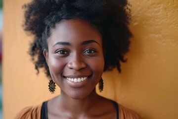 Smiling black woman with space for text in portrait