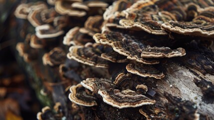 Close-up of mushrooms growing on decaying logs, a testament to nature's recycling process - obrazy, fototapety, plakaty