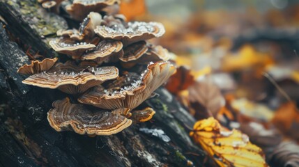 Close-up of mushrooms growing on decaying logs, a testament to nature's recycling process - obrazy, fototapety, plakaty