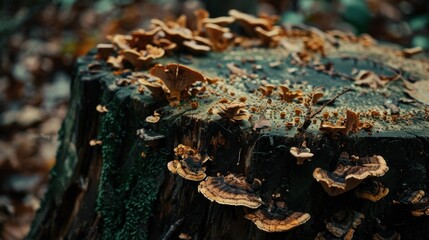 Close-up of mushrooms growing on a rotting tree stump, showcasing the circle of life in nature