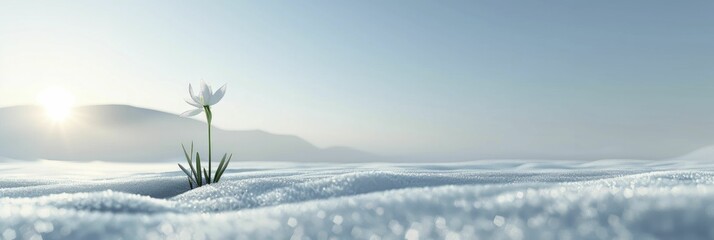 3D rendered minimalist Arctic scene with a singular snowdrop emerging through melting snow under a clear morning sky.