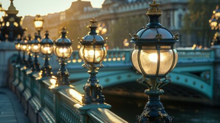 Close-up of ornate street lamps lining a historic bridge, adding a touch of old-world charm to the riverside scene.