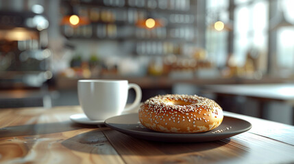 Delicious breakfast bagel on dark plate next to a cup of fresh coffee. On bistro countertop.
